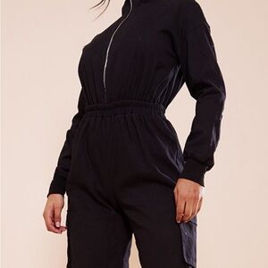 Black Cargo Pocket Detail Zip Utility Jumpsuit